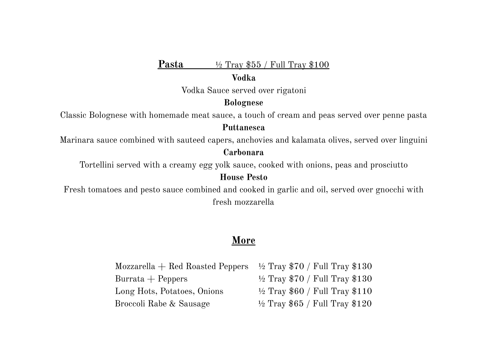 Catering menu My Store